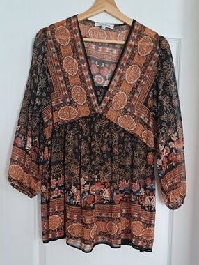 Rose & Olive Floral Paisley Blouse in Rust, Black & Cream